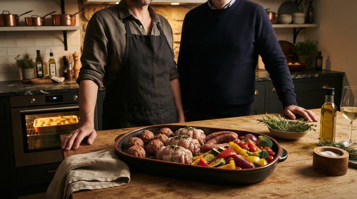 Vassoio di preparati di carne, verdure e forno in una cucina moderna.