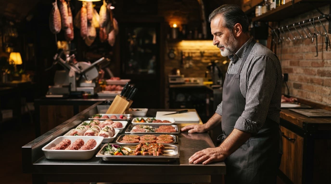 Macellaio di profilo accanto a vassoi di polpette e involtini su un banco d'acciaio.