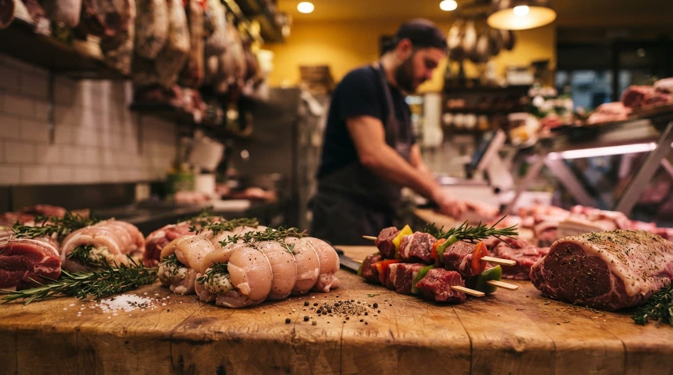 Preparazioni di carne su un banco di legno con una persona sfocata sullo sfondo.