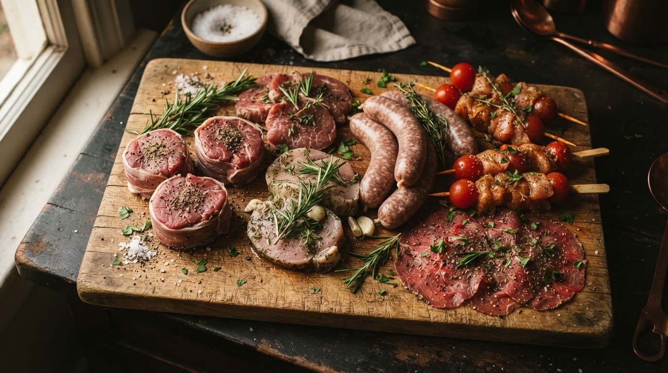 Preparazioni fresche di carne su una tavola rustica con rosmarino ed erbe.