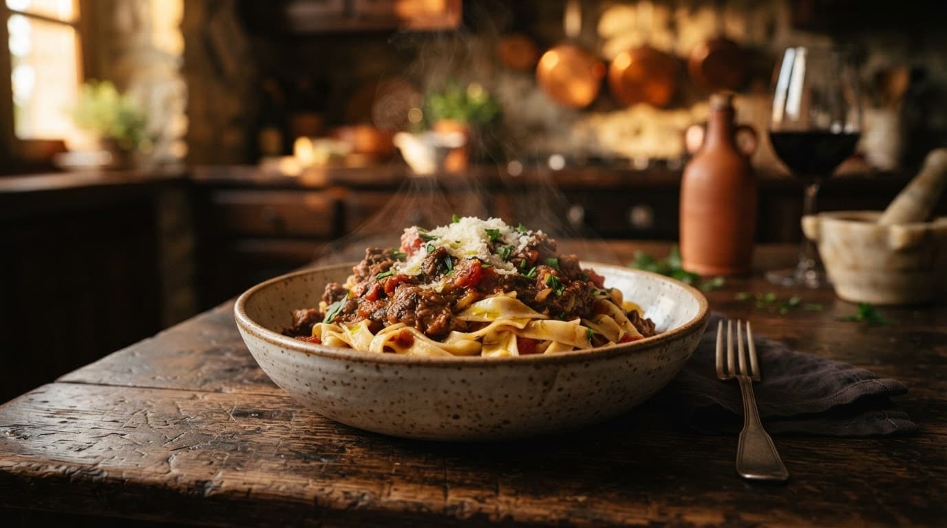 Ciotola di pasta fumante con sugo toscano su un tavolo rustico