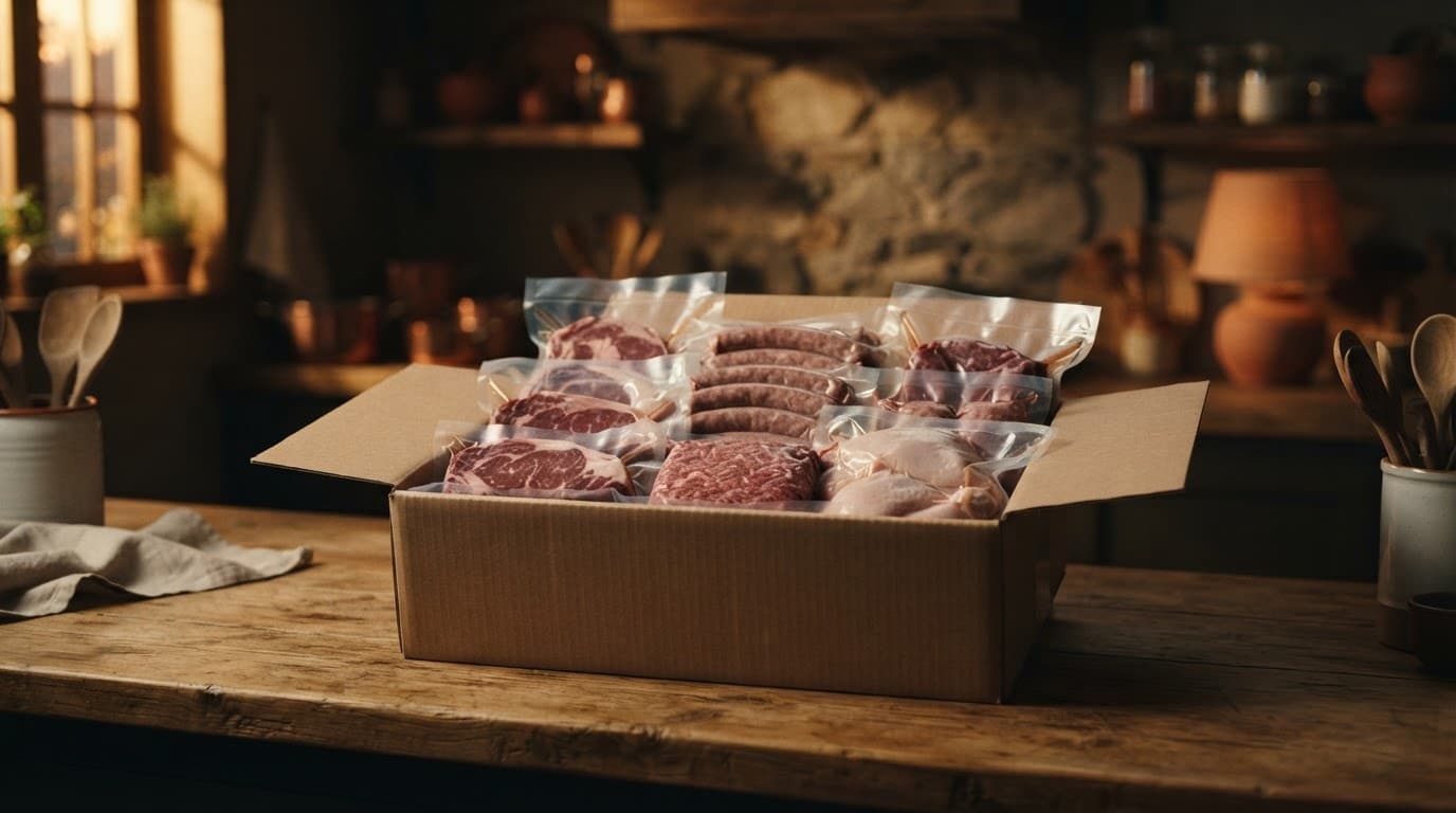 Scatola di cartone con confezioni sottovuoto di carne fresca su un bancone rustico.