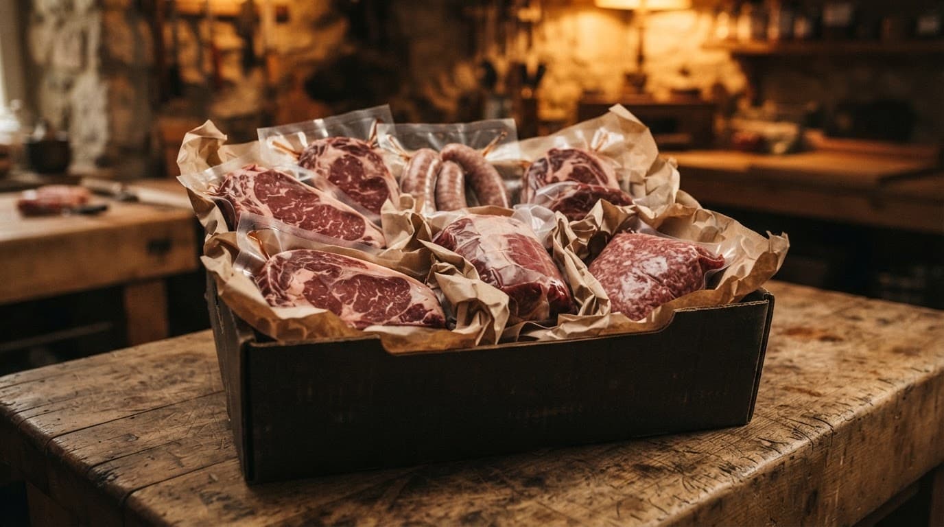 Scatola di carne con tagli confezionati e carta da macellaio su un tavolo rustico.