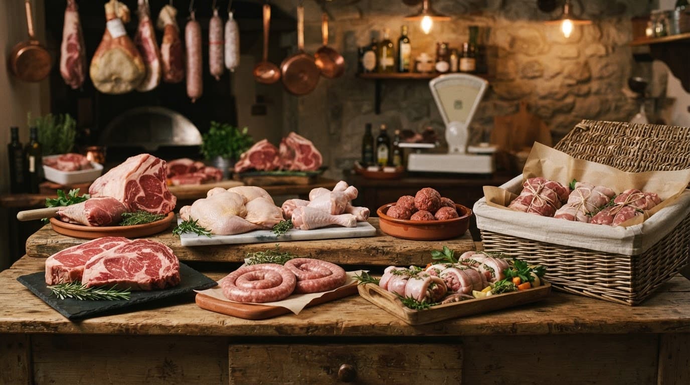 Selezione di carni, polpette e preparati su un bancone da macelleria con un cesto per la consegna.