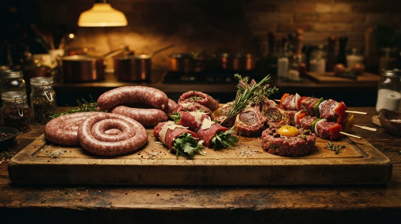 Carni pronte da cuocere e salsicce su un tagliere di legno.