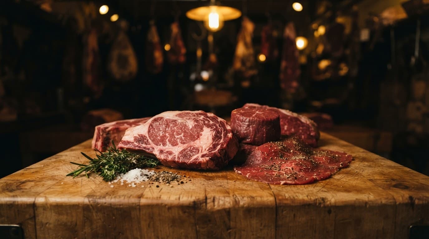 Tagli di carne fresca disposti su un ceppo di legno illuminato da luce calda.
