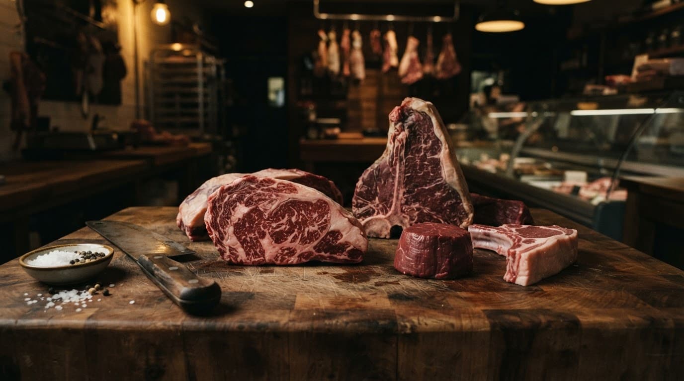 Tagli di carne pregiata disposti su un ceppo di legno con luce calda.