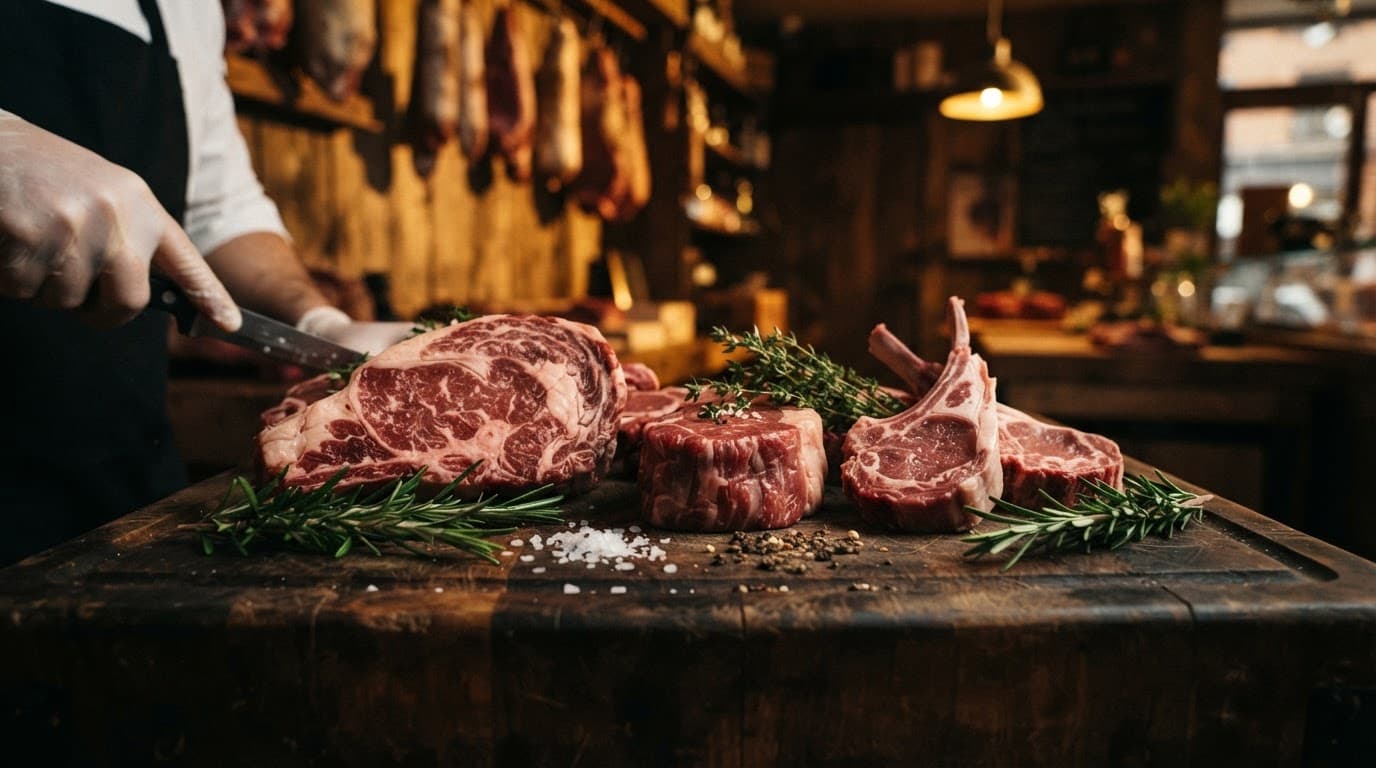 Tagli di carne cruda con rosmarino su un tagliere di legno scuro.