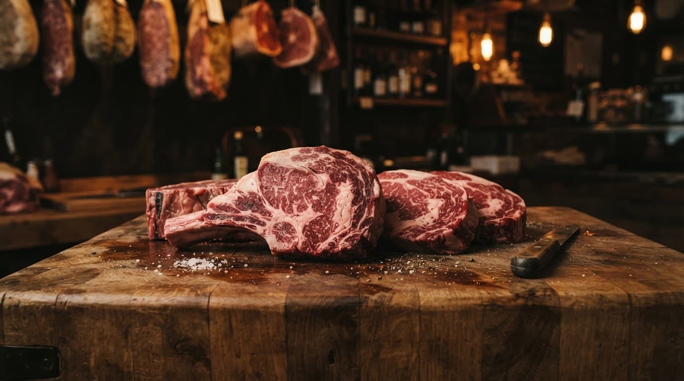 Tagli di manzo crudo, tra cui ribeye, disposti su un tagliere rustico in legno.