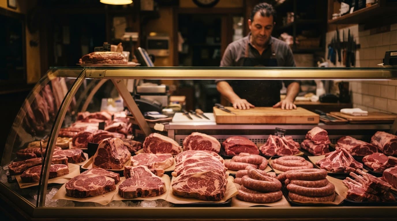 Vetrina con bistecche, tagli di carne e salsicce, con un lavoratore sullo sfondo.