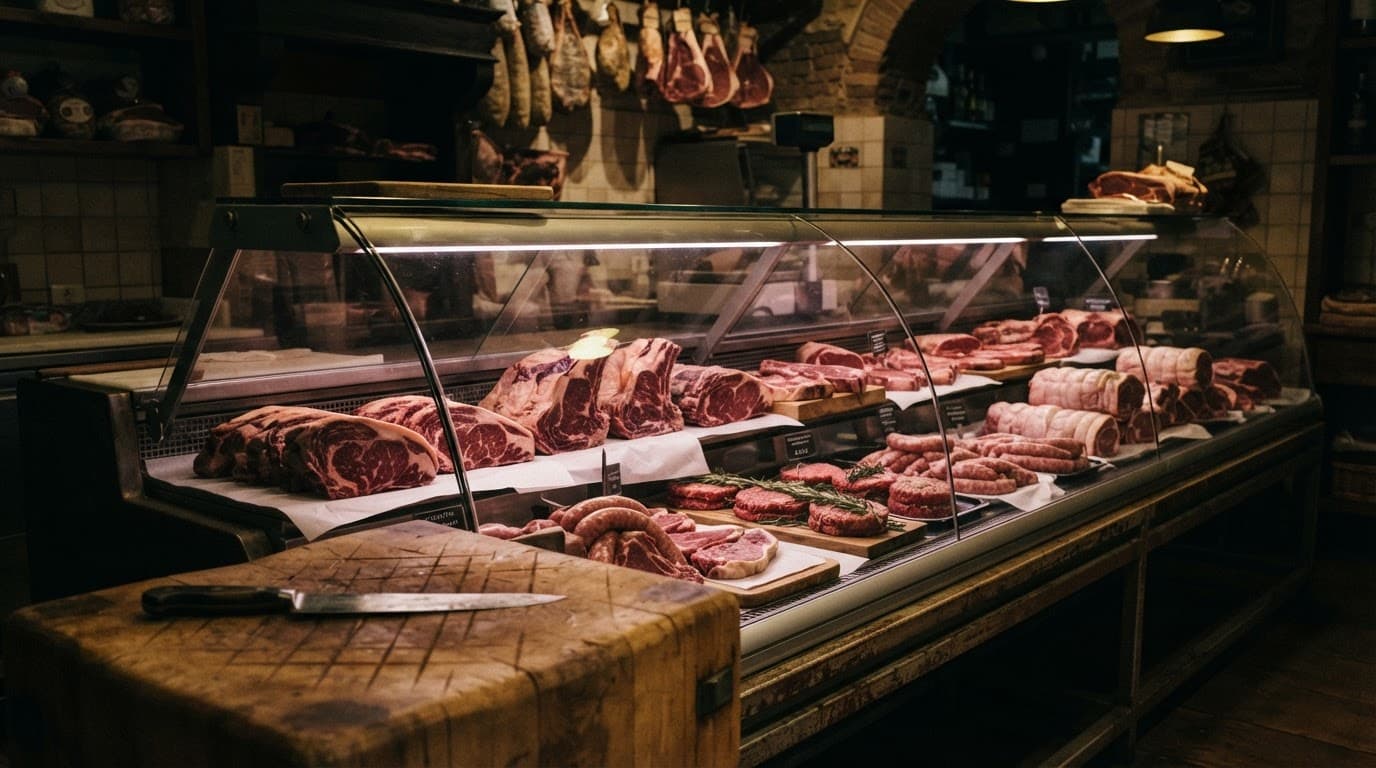 Banco di macelleria con bistecche, carne fresca e hamburger sotto una luce calda.