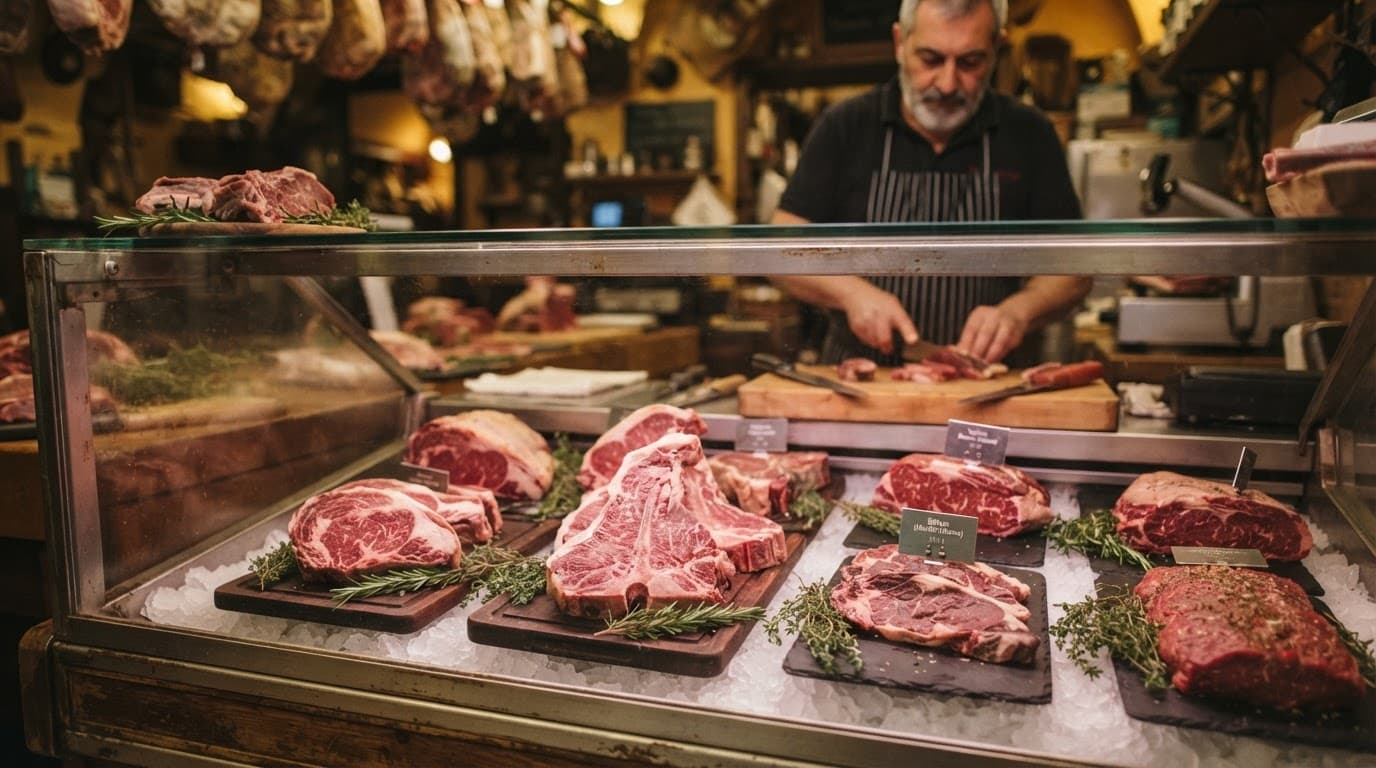 Tagli di manzo e bistecche esposti nel banco di una macelleria, con una persona sullo sfondo.