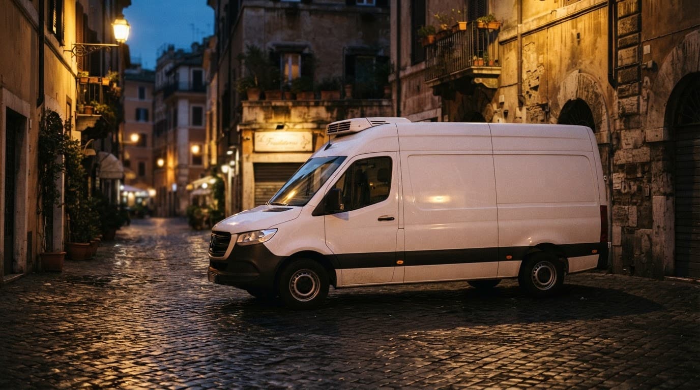 Furgone refrigerato parcheggiato su una strada romana al crepuscolo.