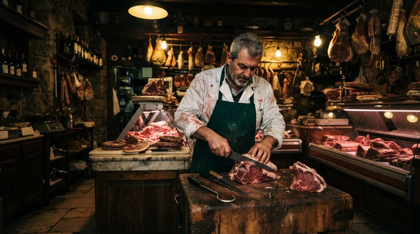 Un macellaio prepara la carne in una bottega romana dalla luce gialla.