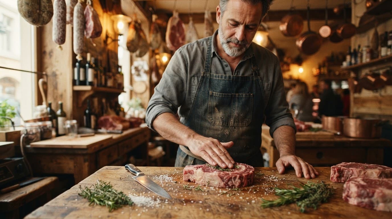 Mani preparano tagli di carne cruda su un tagliere di legno.