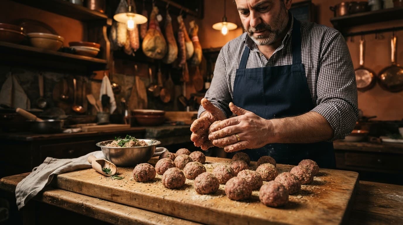 Un macellaio prepara polpette artigianali su un tagliere di legno.