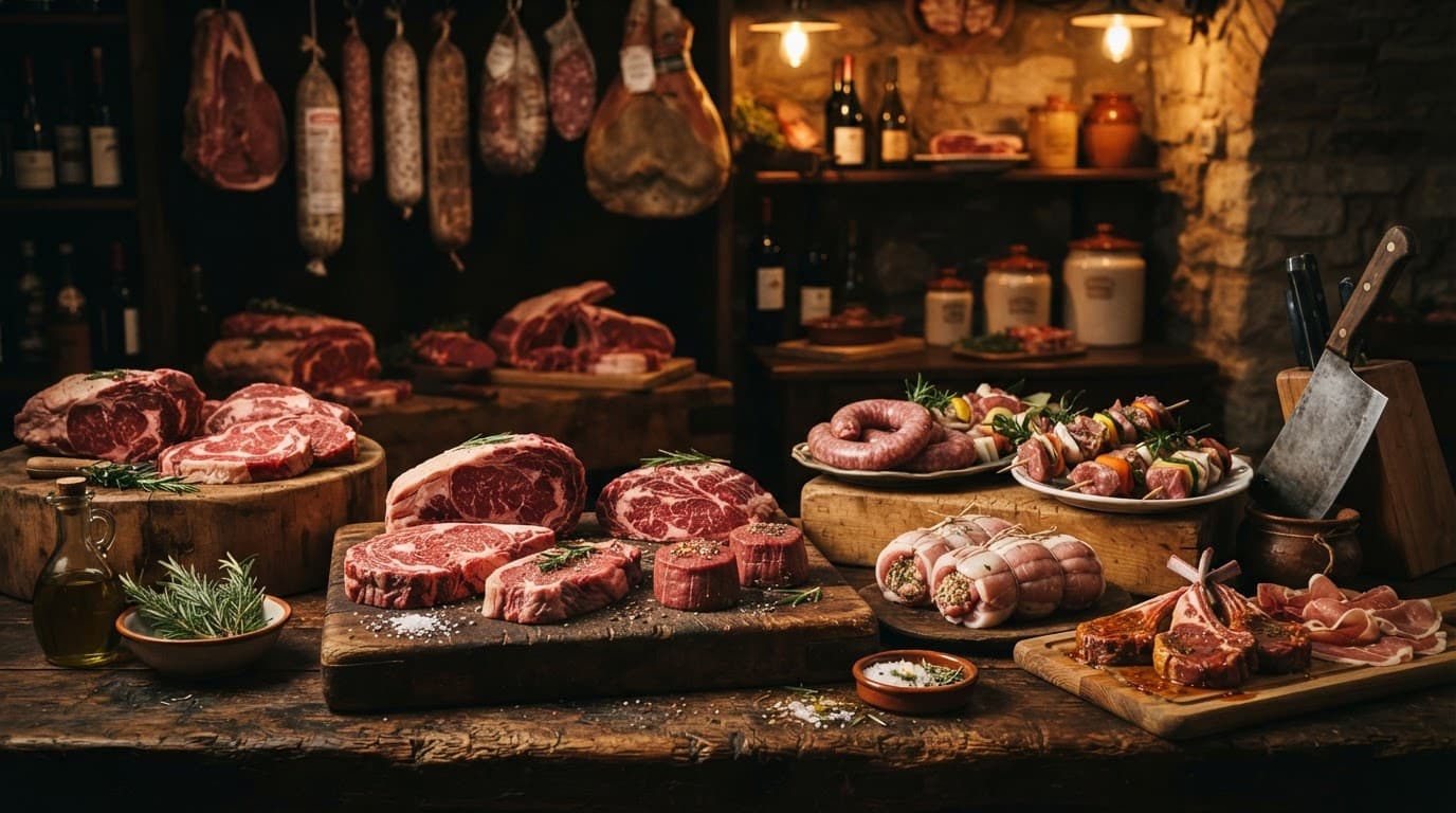 Tagli di carne e preparazioni su un banco di legno illuminato da luce gialla.