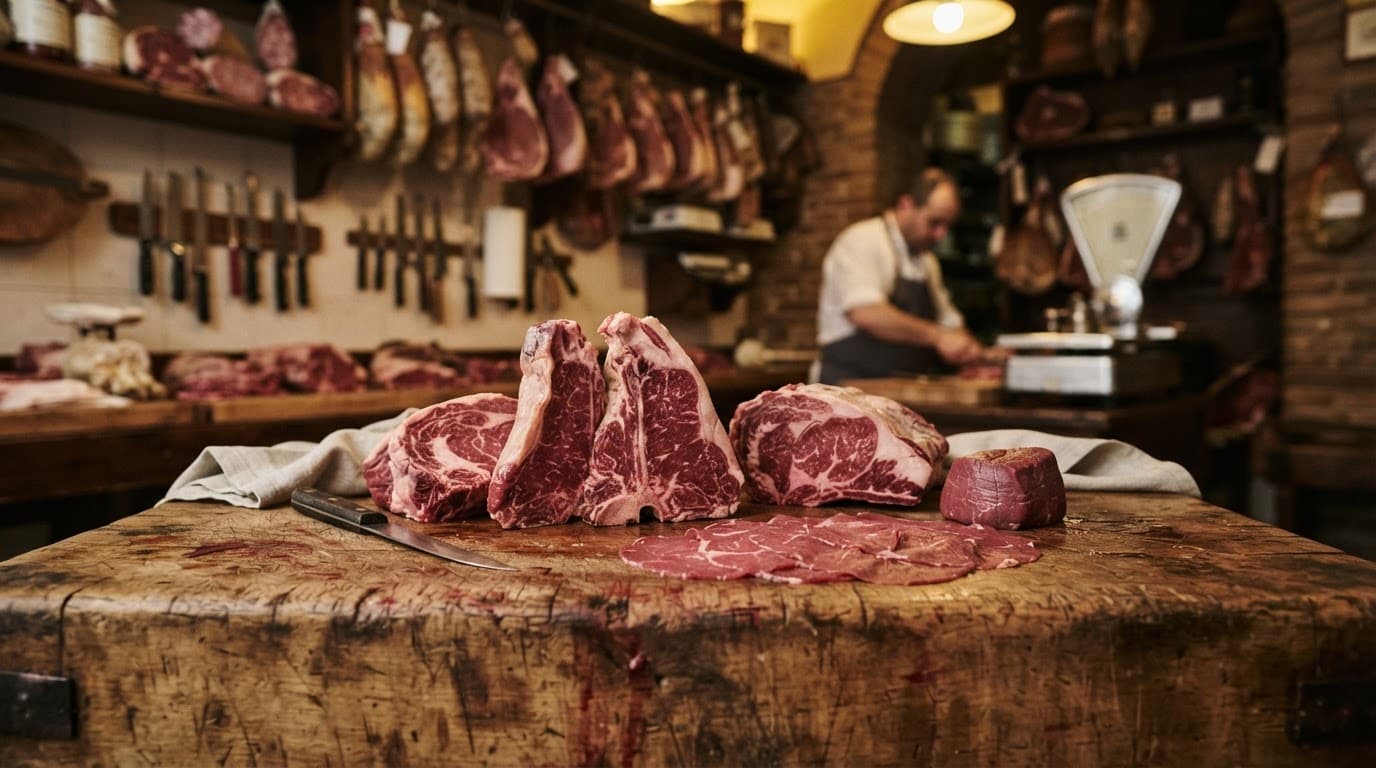 Tagli freschi di manzo italiano e bistecche su un tagliere di legno rustico.