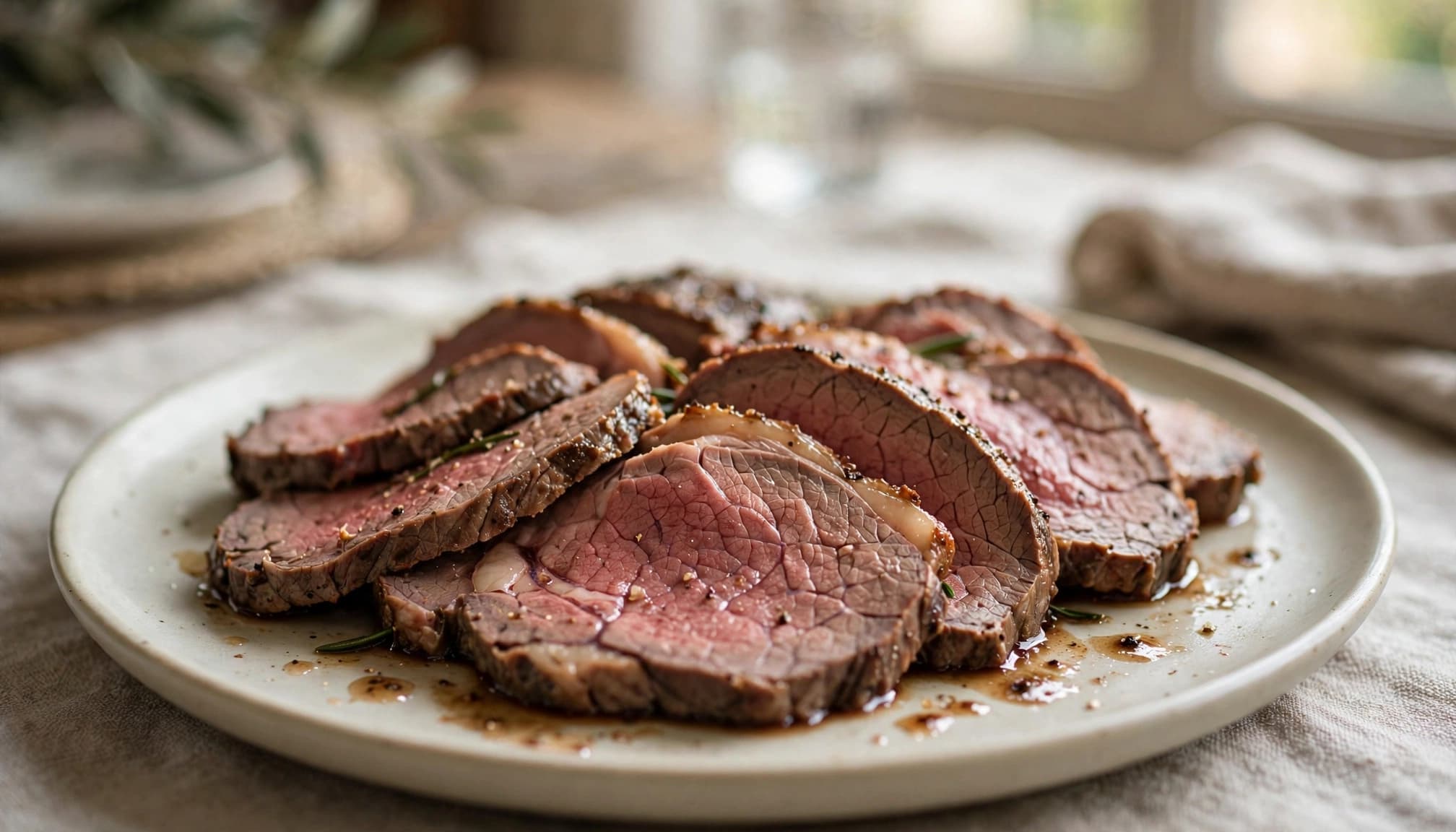 Fette di roast beef su un piatto di ceramica con sfondo sfocato.