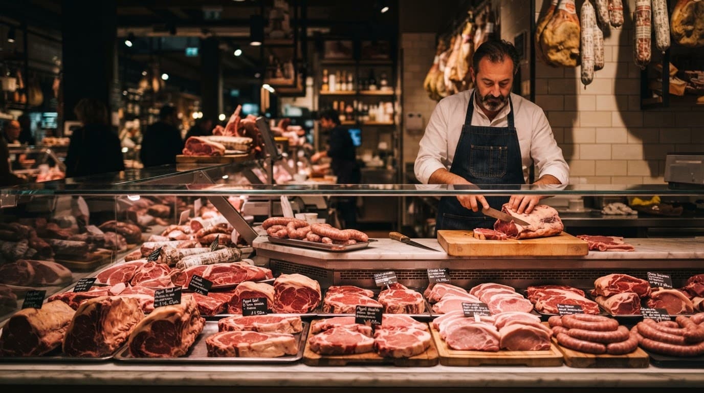 Tagli freschi di carne sul bancone, con un macellaio sullo sfondo.