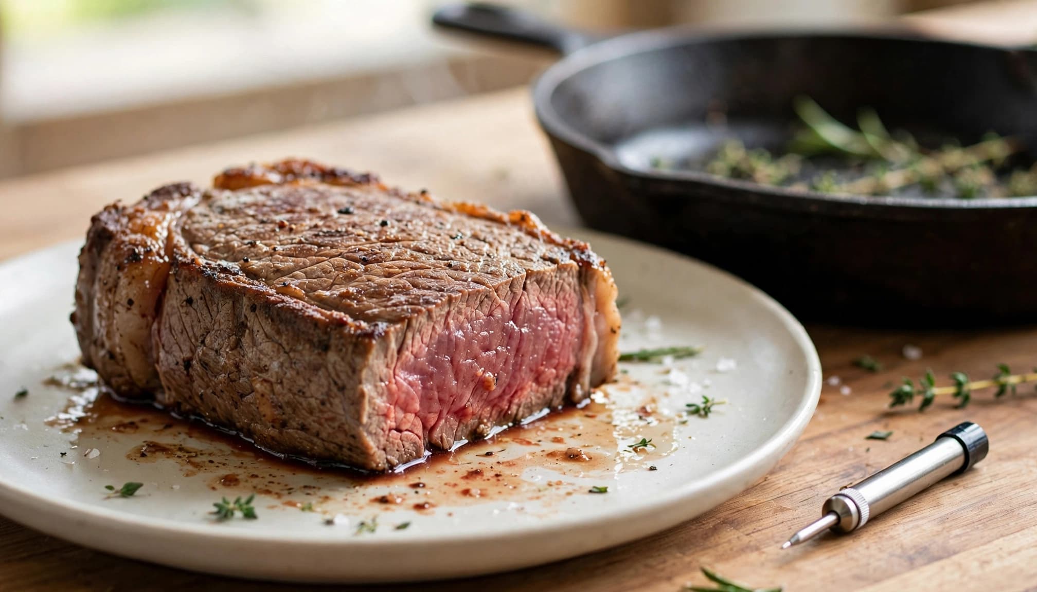 Una bistecca cotta su un piatto con una padella sullo sfondo.