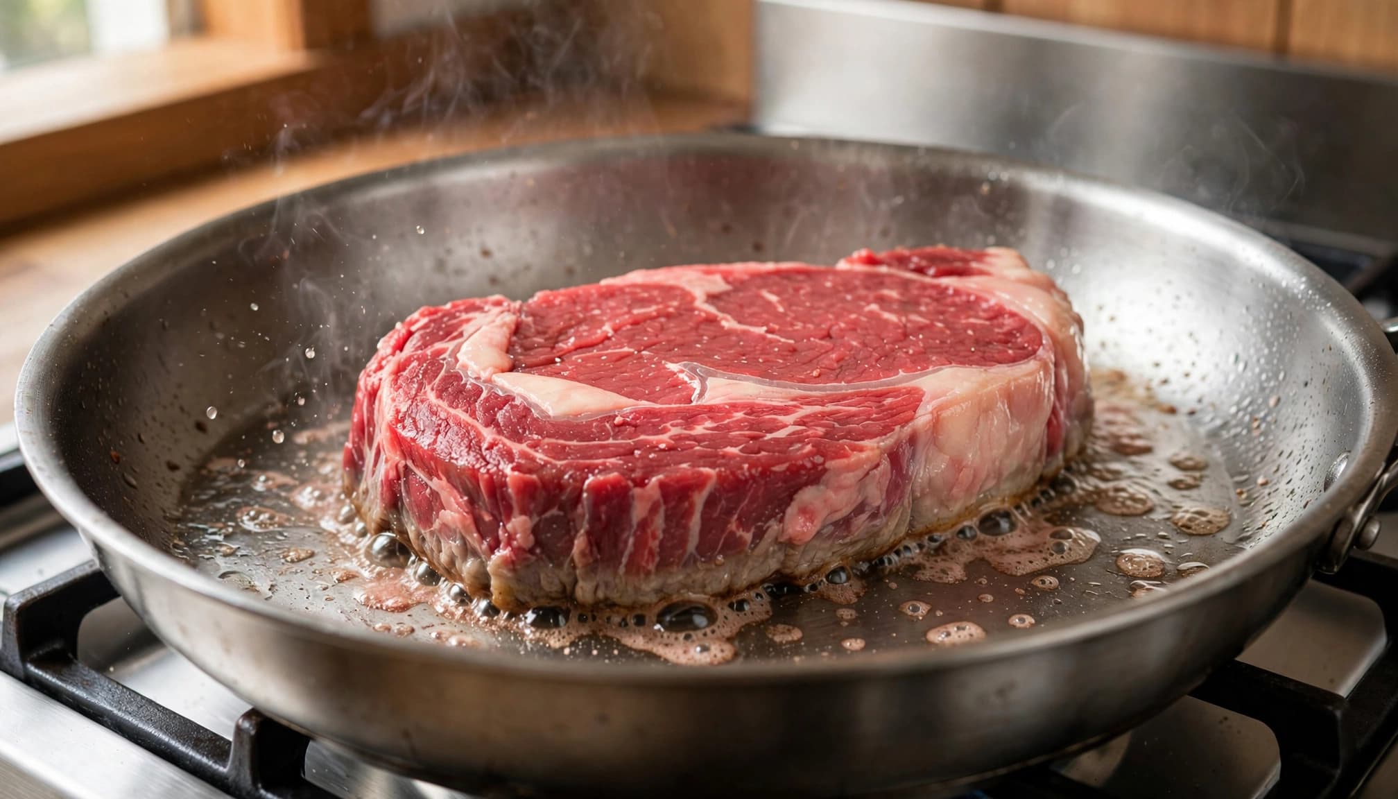 Una bistecca di carne cruda che cuoce in una padella di acciaio.