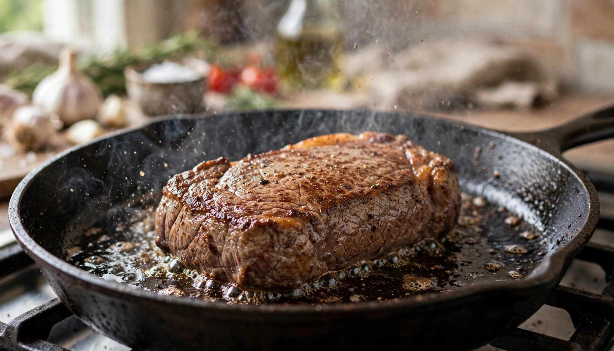 Una spessa bistecca di manzo rosola in una padella di ghisa con fumo e olio.