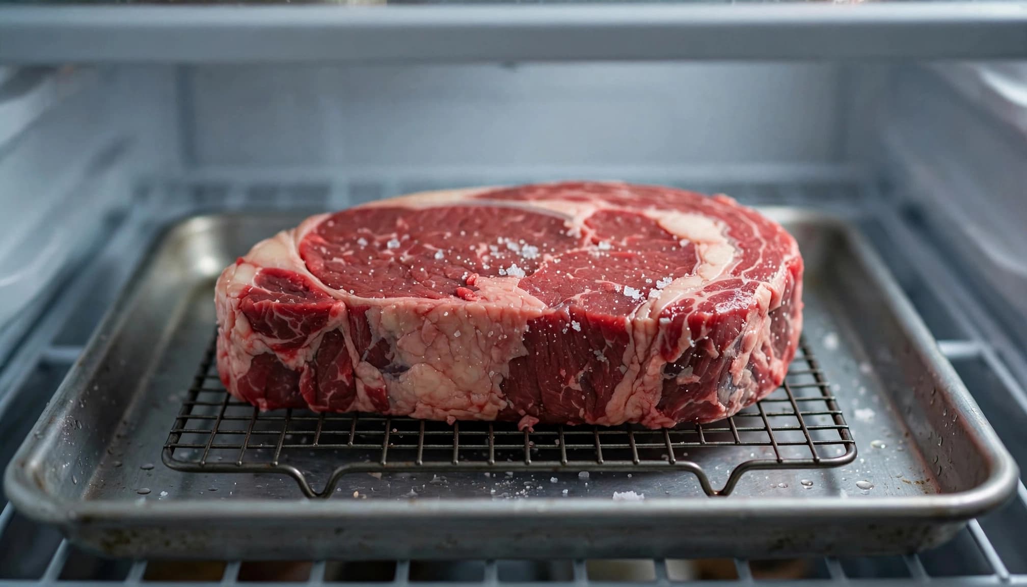 Una spessa bistecca cruda con sale su una griglia in frigorifero.