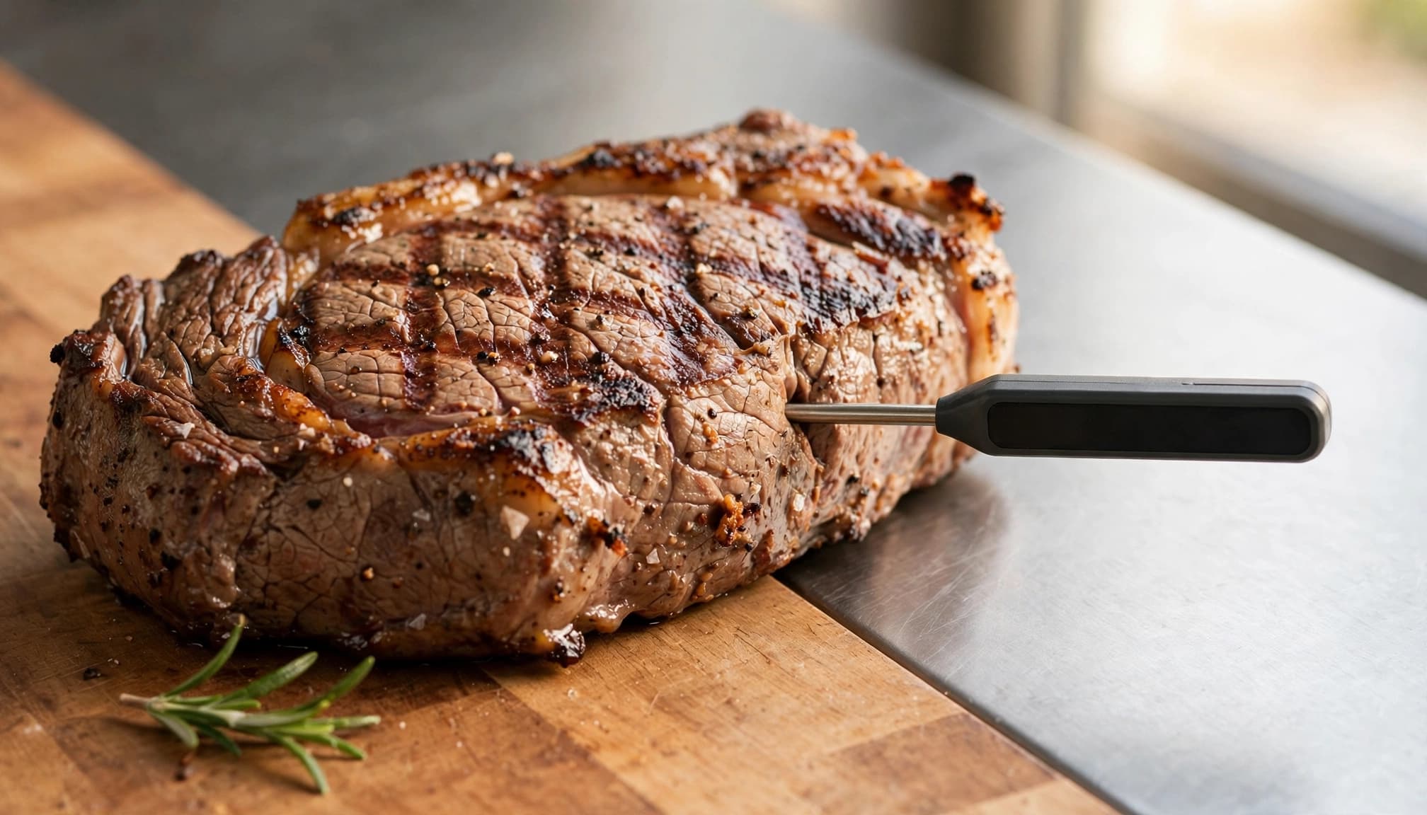 Una bistecca grigliata con un termometro da cucina inserito lateralmente.