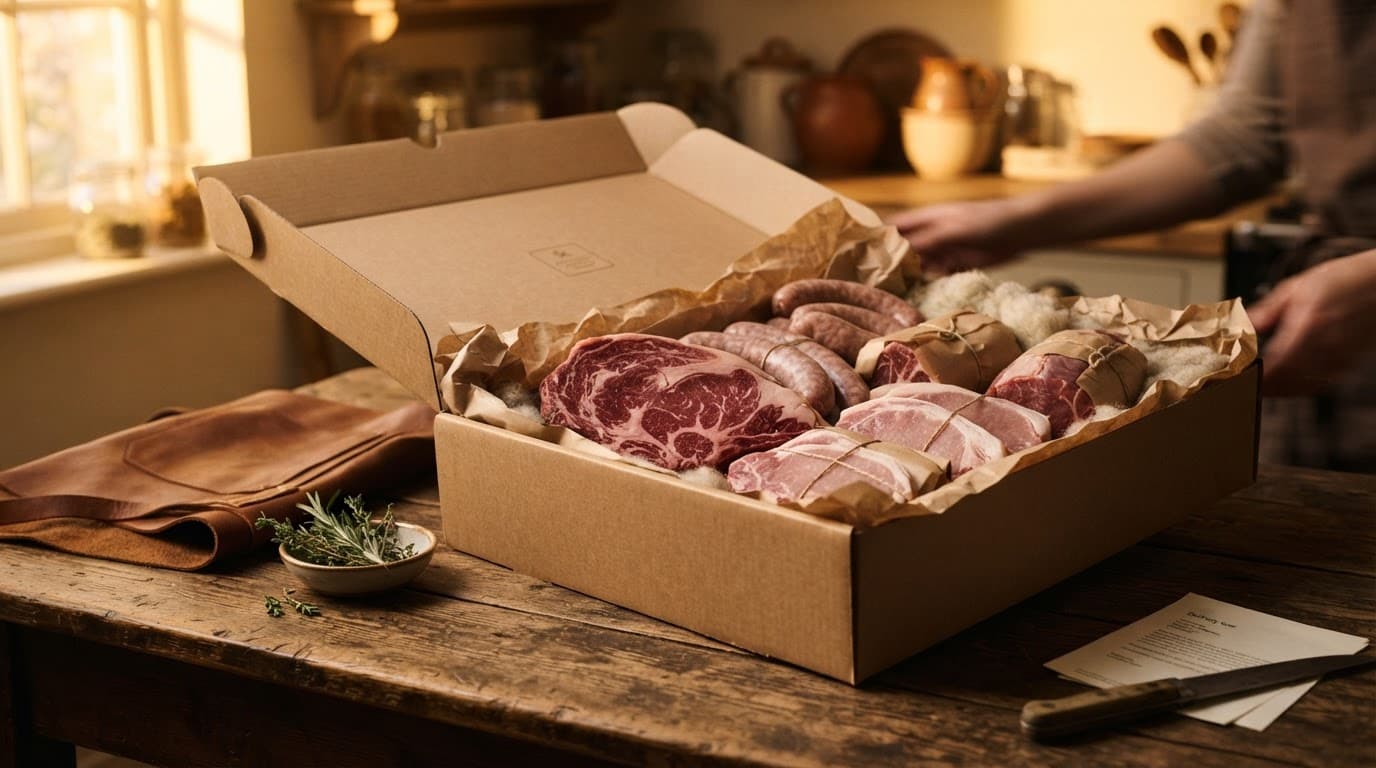Scatola di carne pregiata confezionata su un tavolo rustico.
