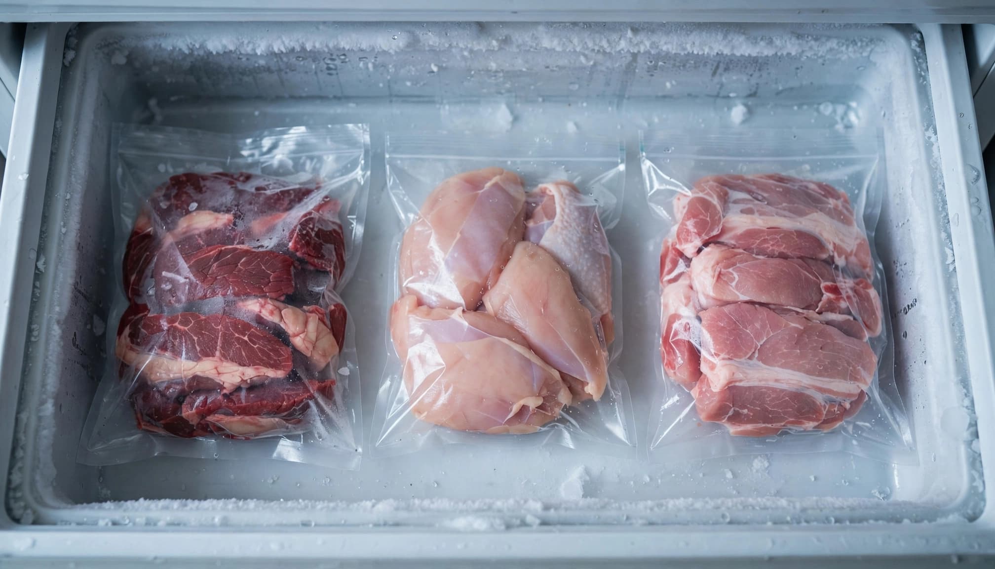 Tre sacchetti trasparenti di carne cruda in un cassetto del congelatore.