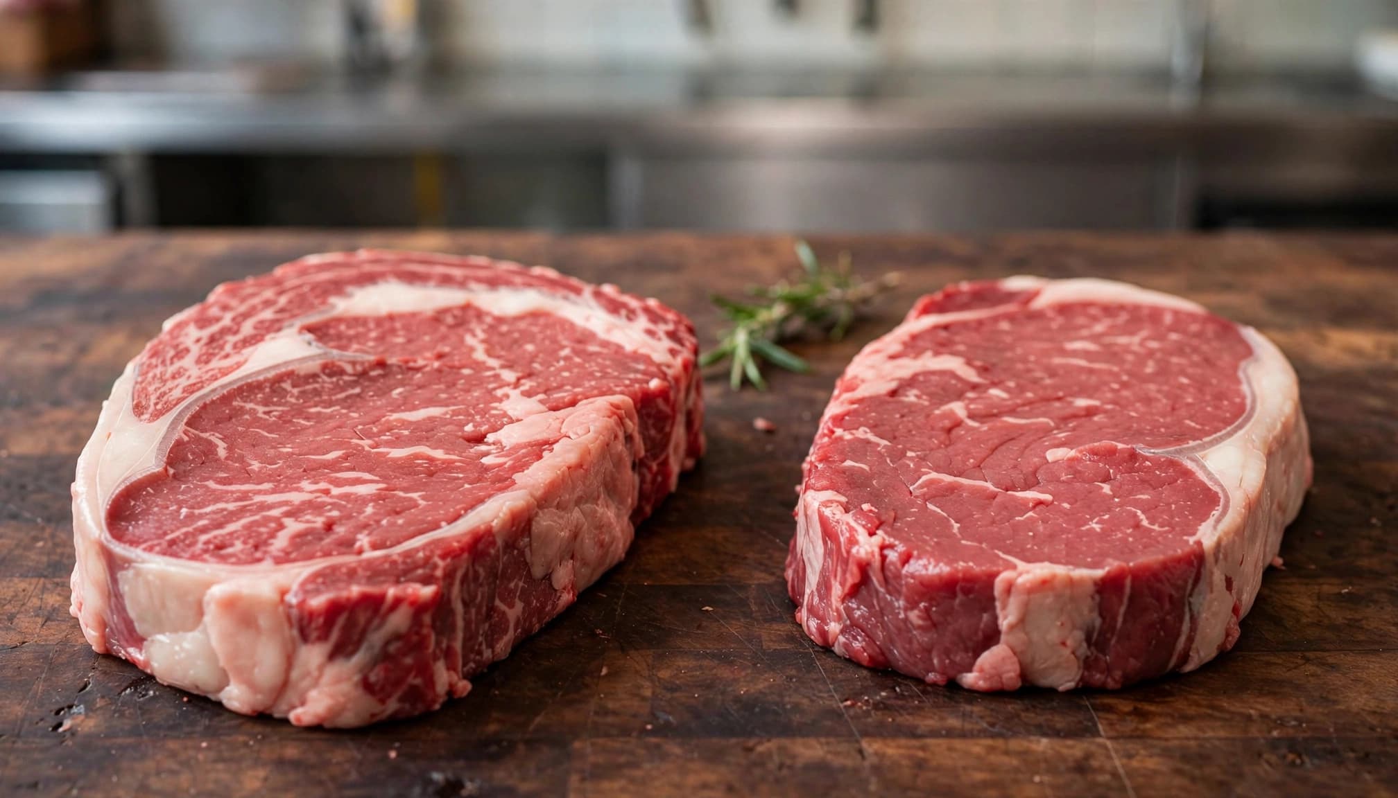 Due bistecche di carne cruda su un tagliere in legno con un rametto di rosmarino.