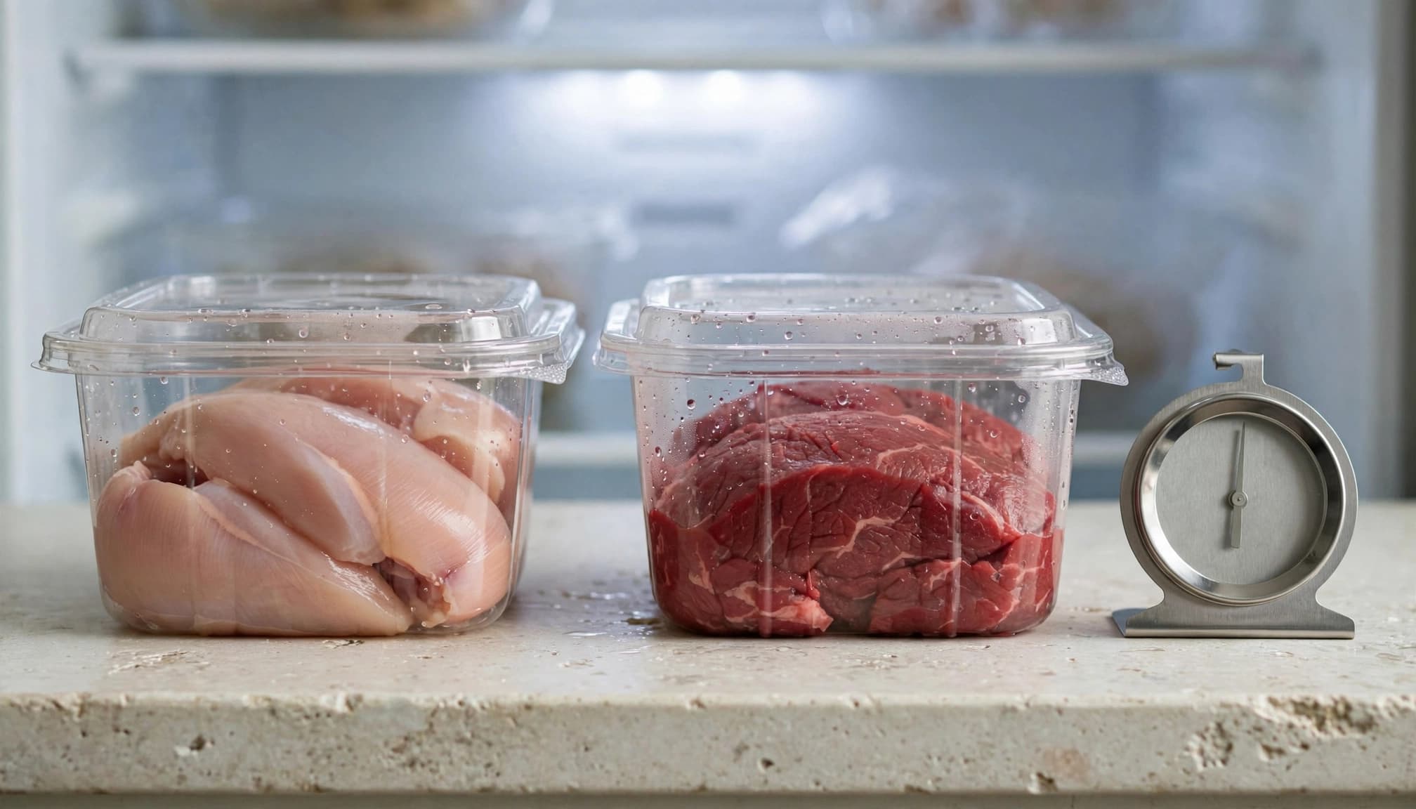 Due contenitori di plastica con carne e un termometro da frigo su un ripiano.