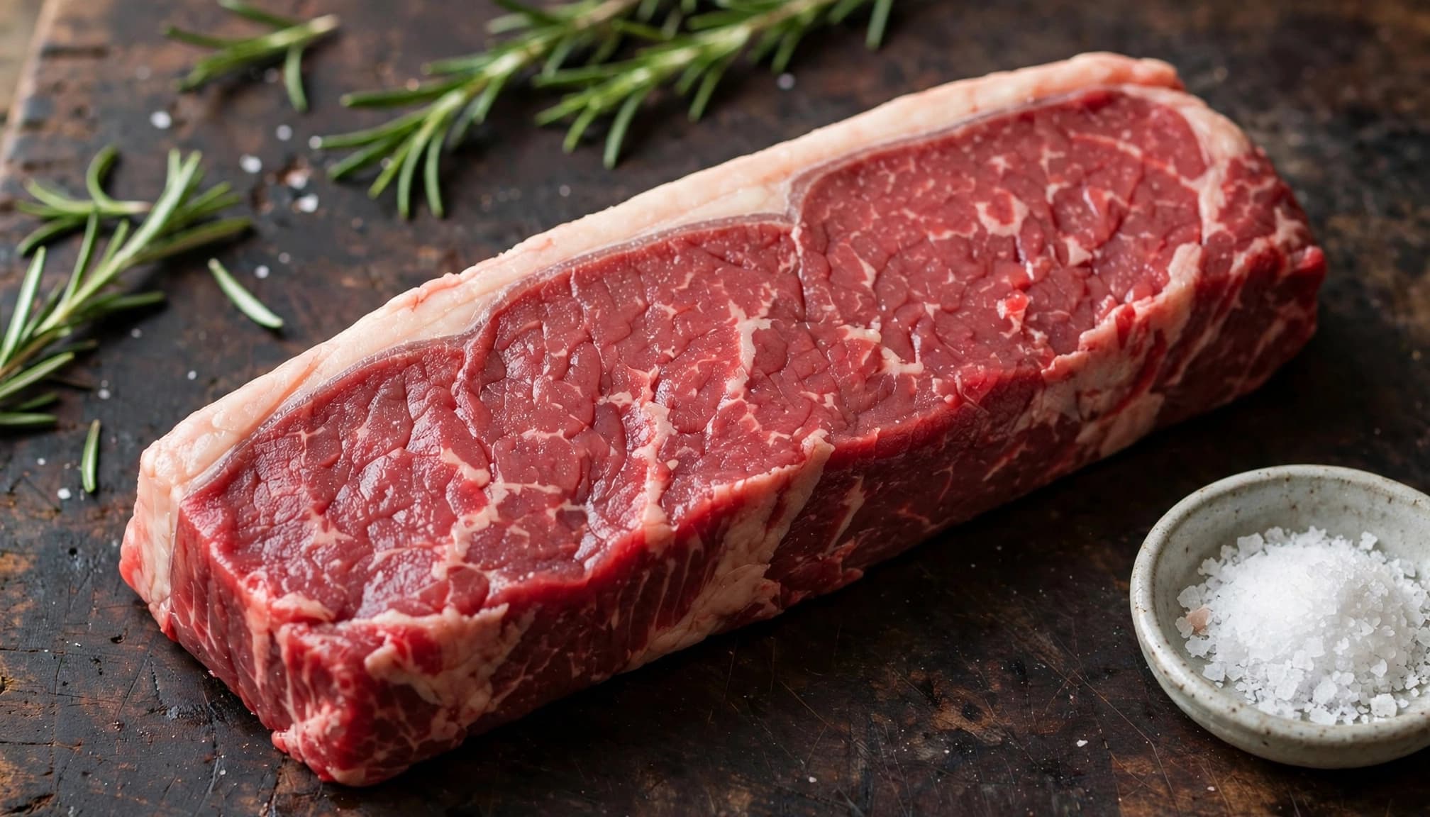 Una spessa bistecca cruda su un tagliere di legno con rosmarino e sale.
