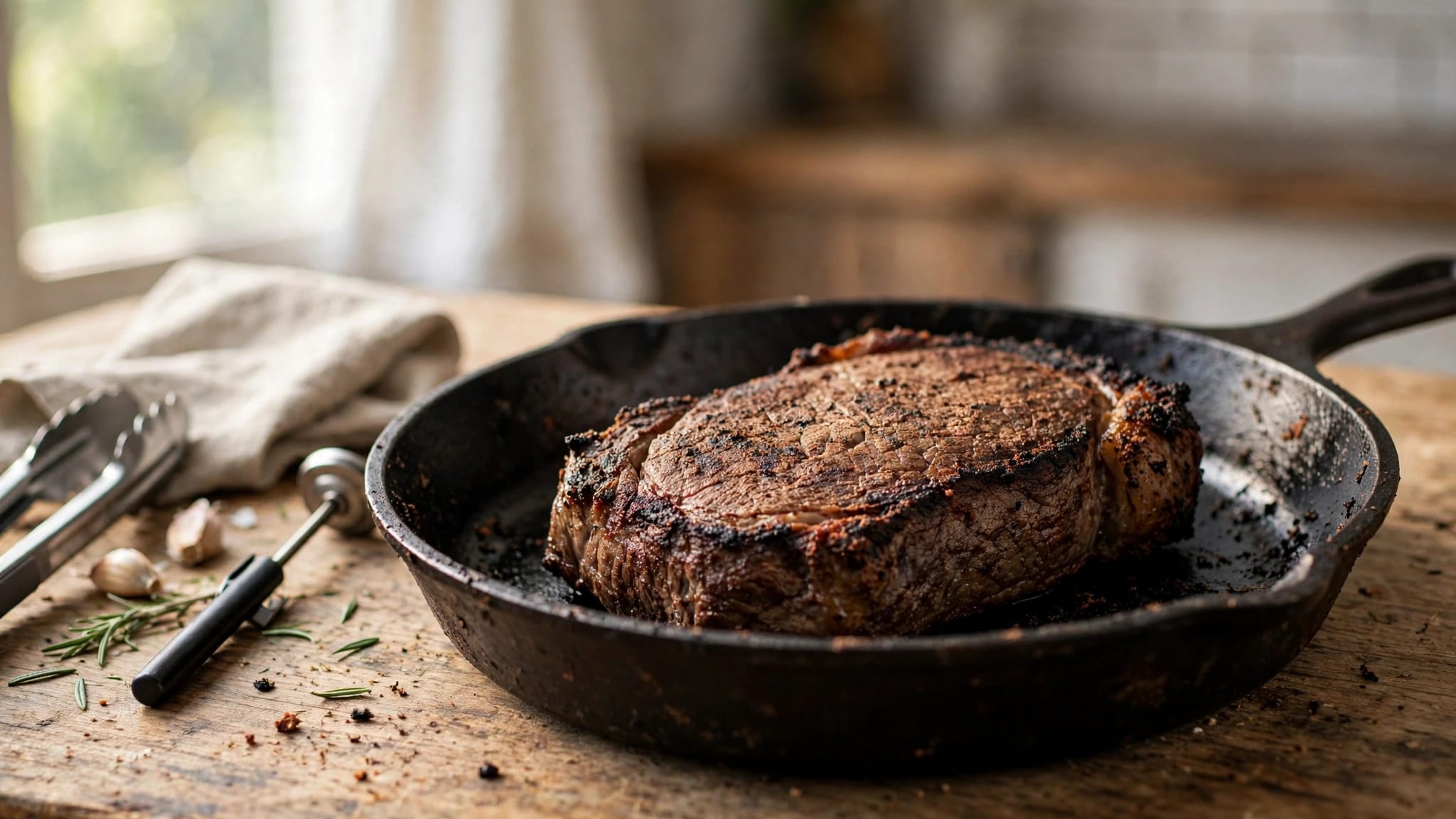 Bistecca rosolata in padella con bordo asciutto e termometro accanto.