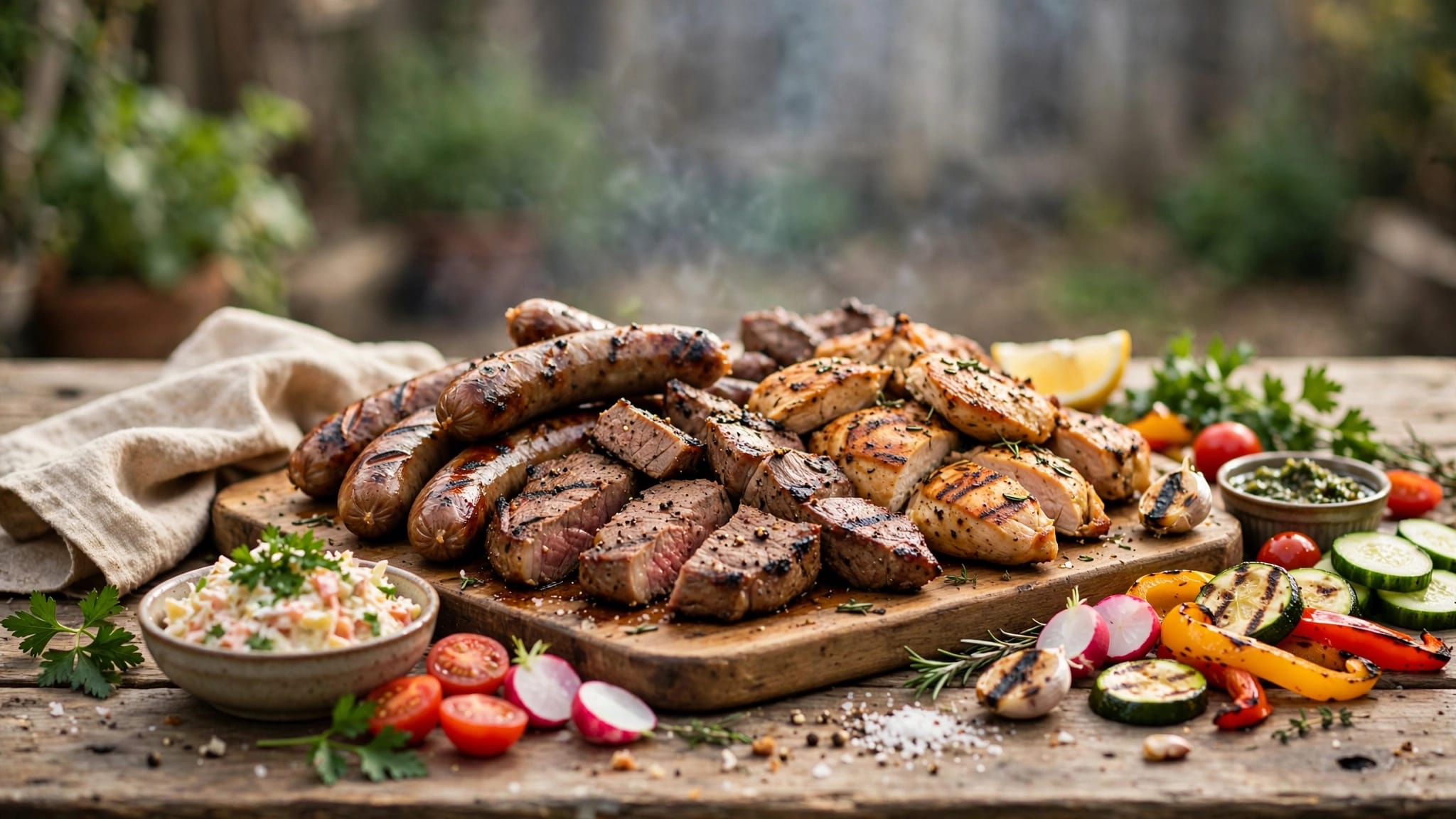 Salsicce, pollo e carne disossata grigliati con verdure e contorni.