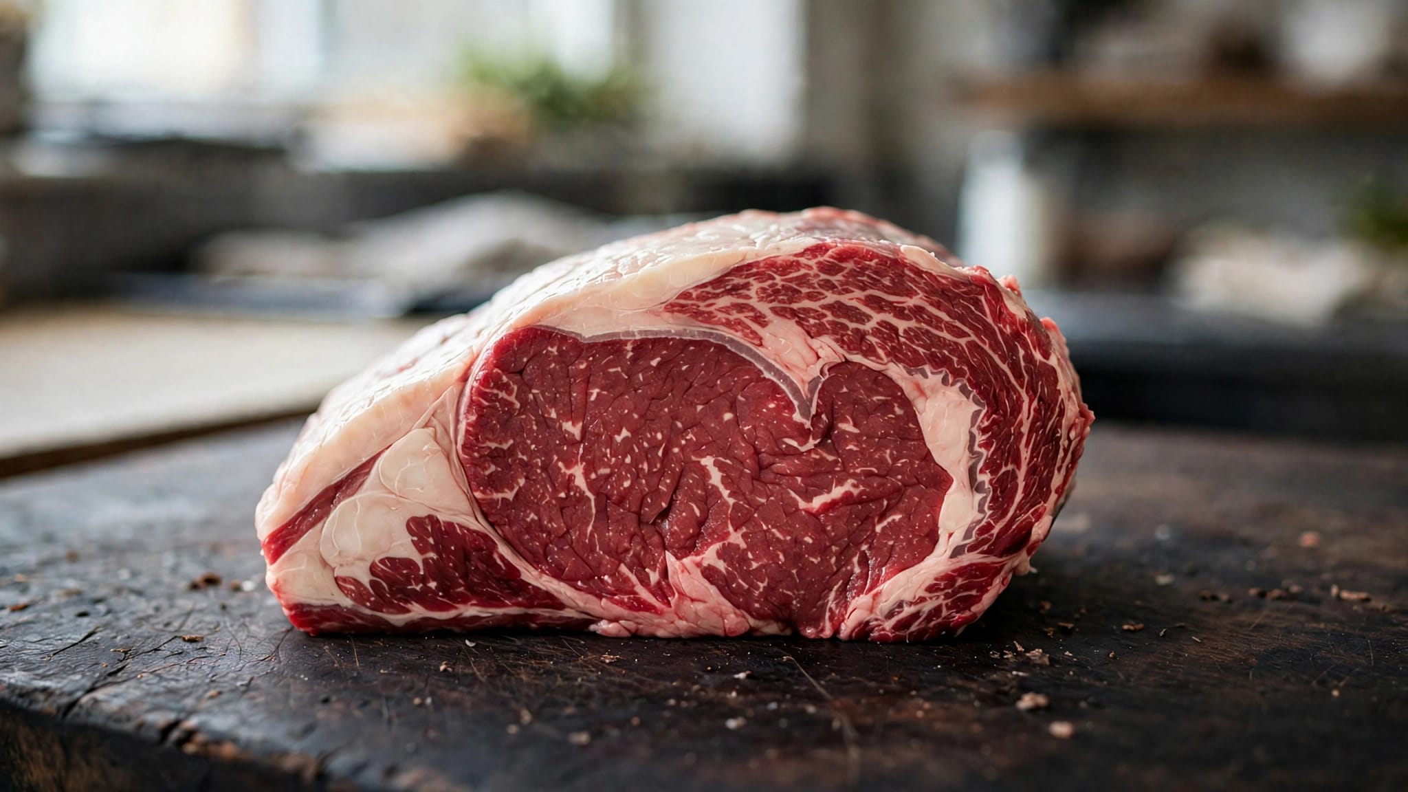 Una bistecca cruda con venature di grasso su un tagliere scuro.
