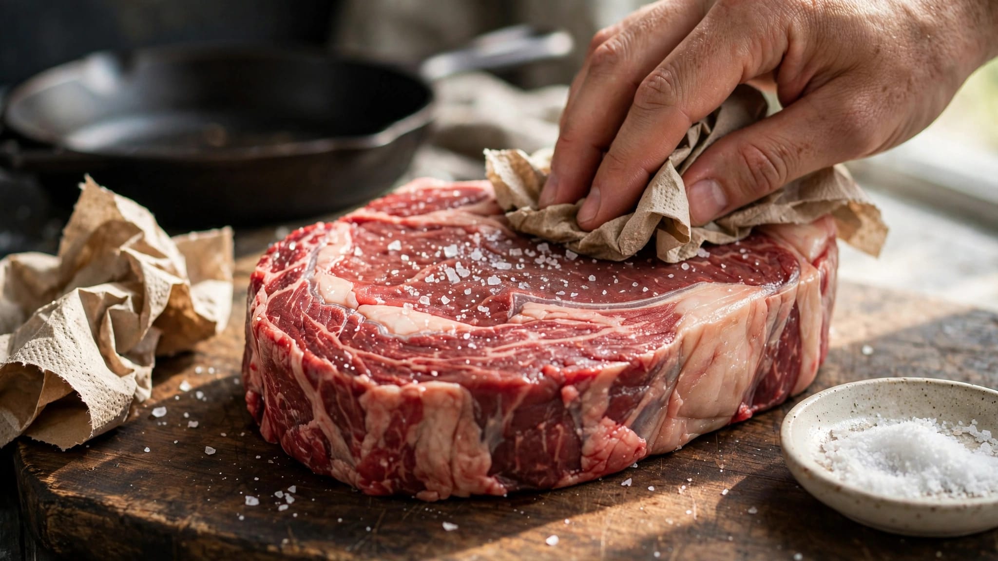 Una costata cruda salata viene asciugata a mano su un tagliere di legno.