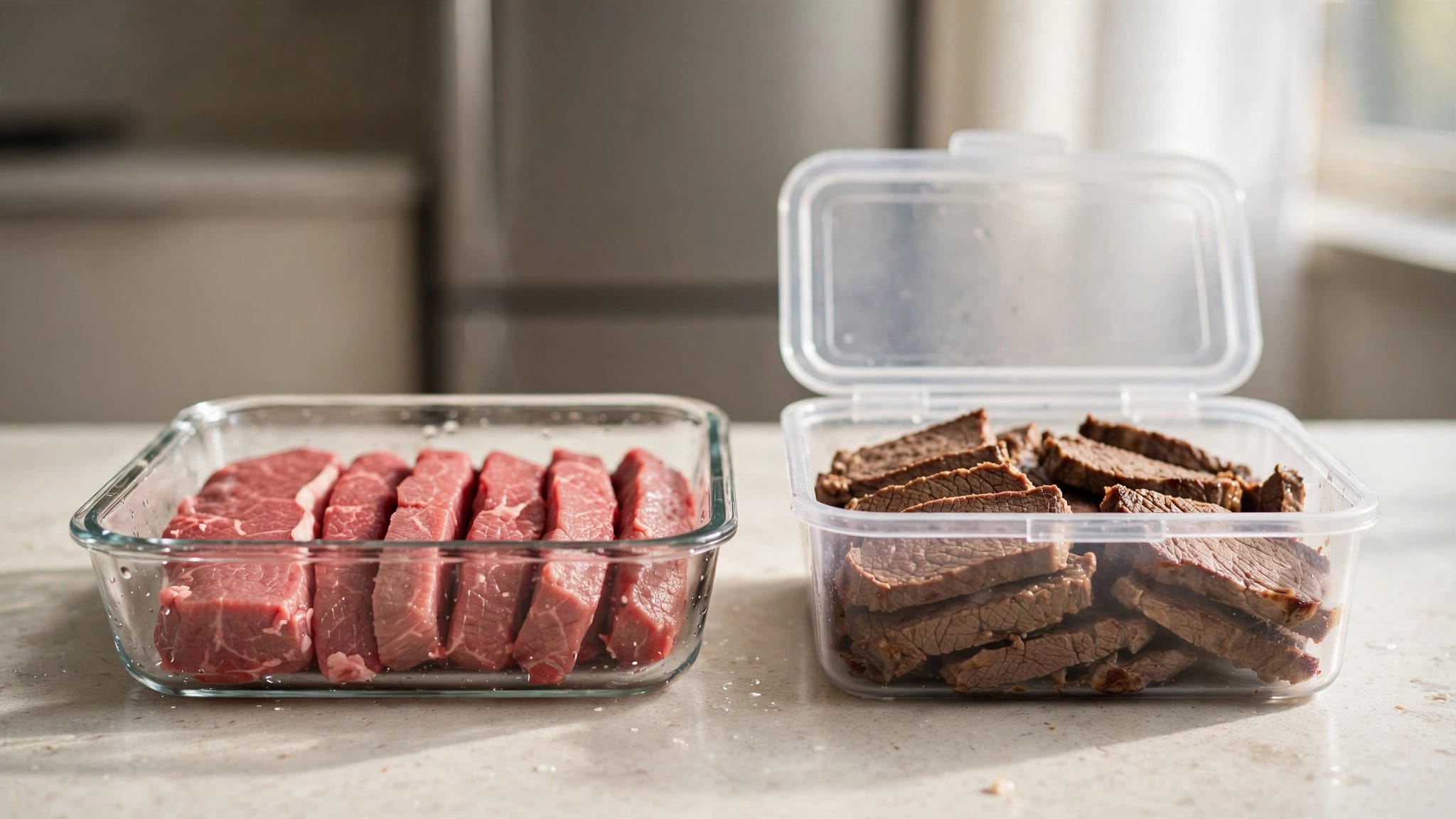 Carne cruda e fettine cotte accanto a un contenitore per il freezer sul piano della cucina.
