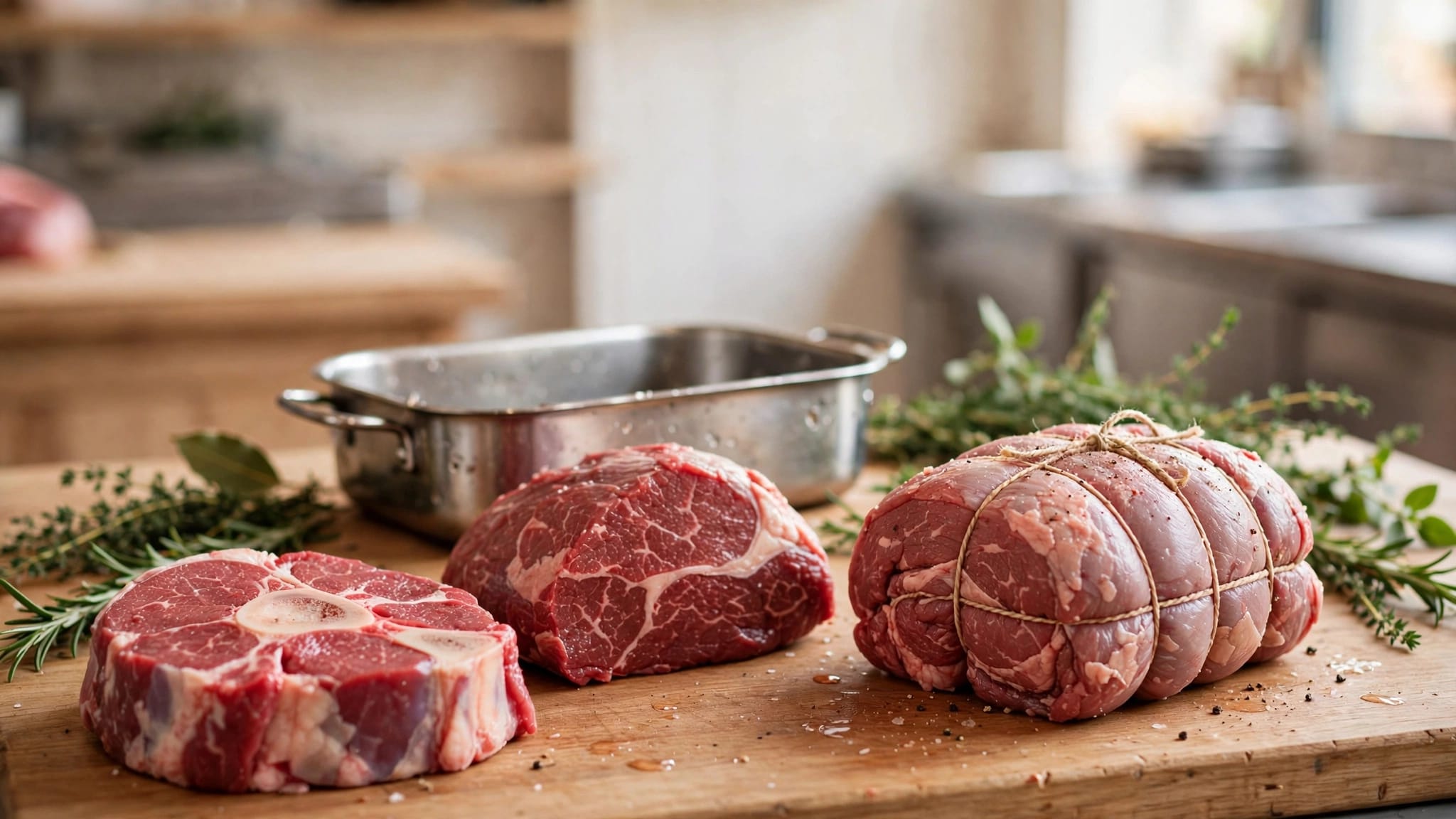 Arrosto di manzo, guancia e stinco su un tagliere di legno.