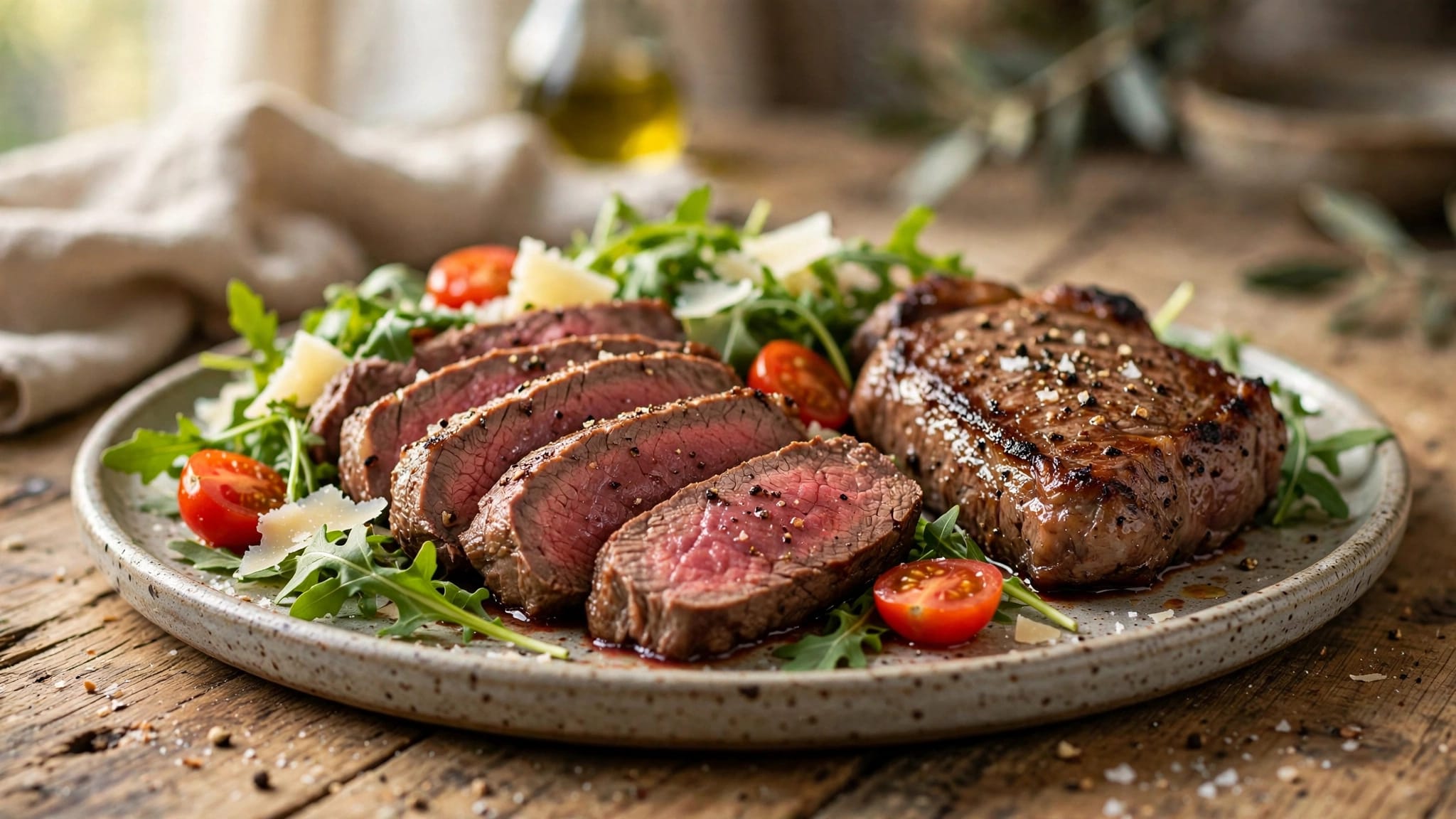 Tagliata di manzo rosata con rucola, Parmigiano e pomodorini su un piatto rustico.