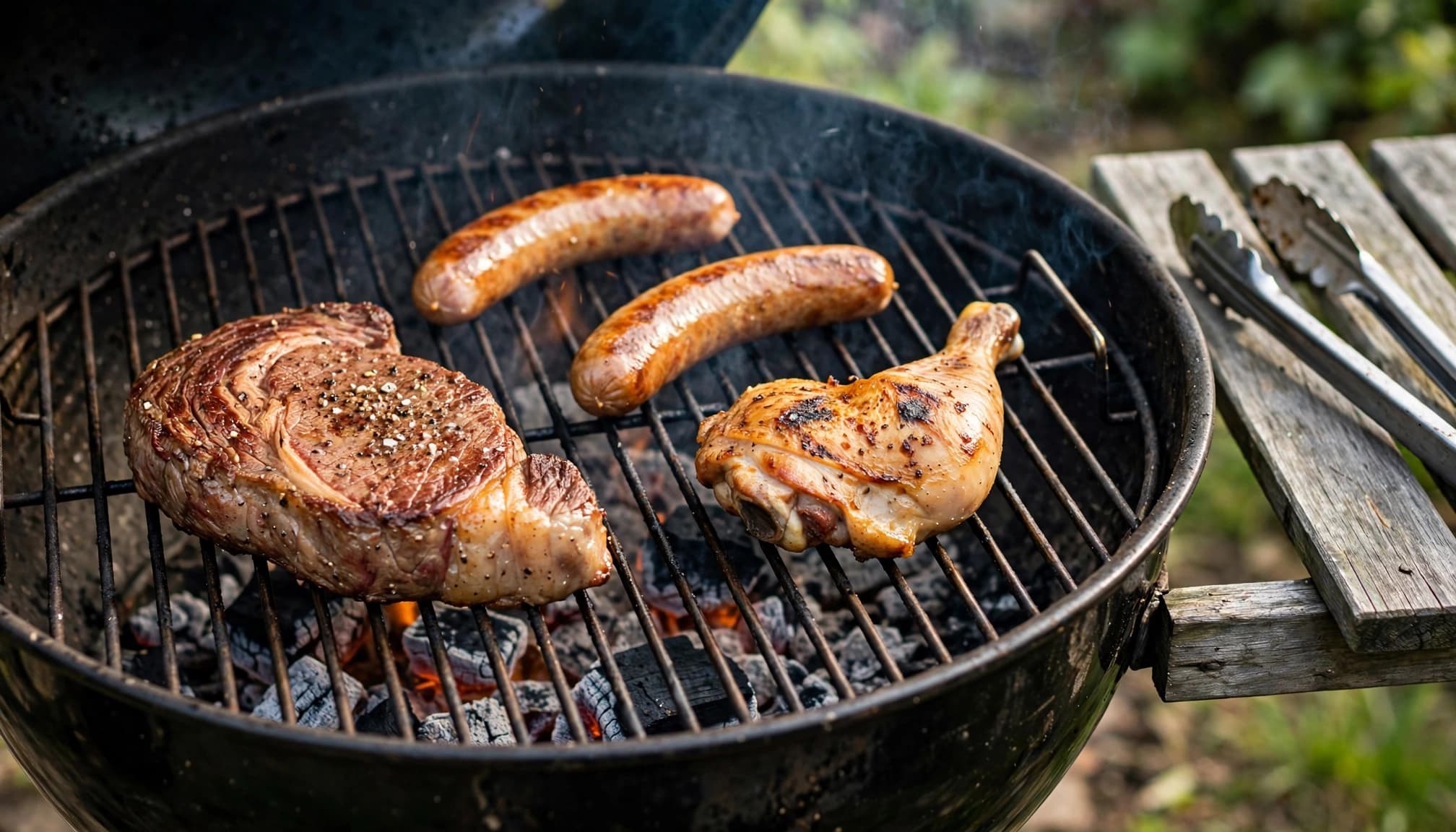 Una griglia da giardino con bistecca, due salsicce e un pollo, con pinze sul ripiano.