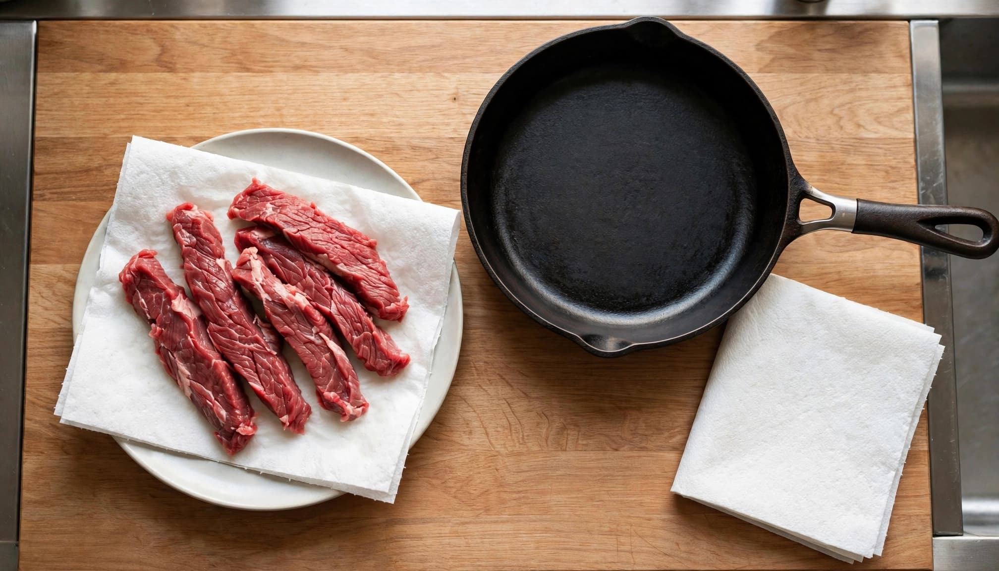 Strisce di carne cruda su un tovagliolo di carta accanto a una padella di ghisa su un piano di legno.