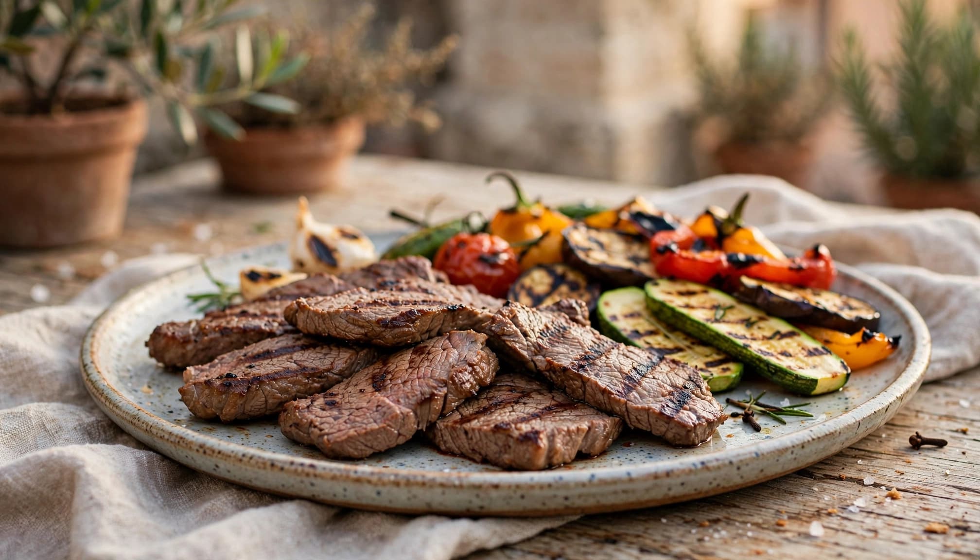 Un piatto con fette di carne alla griglia e verdure grigliate su un tavolo di legno.