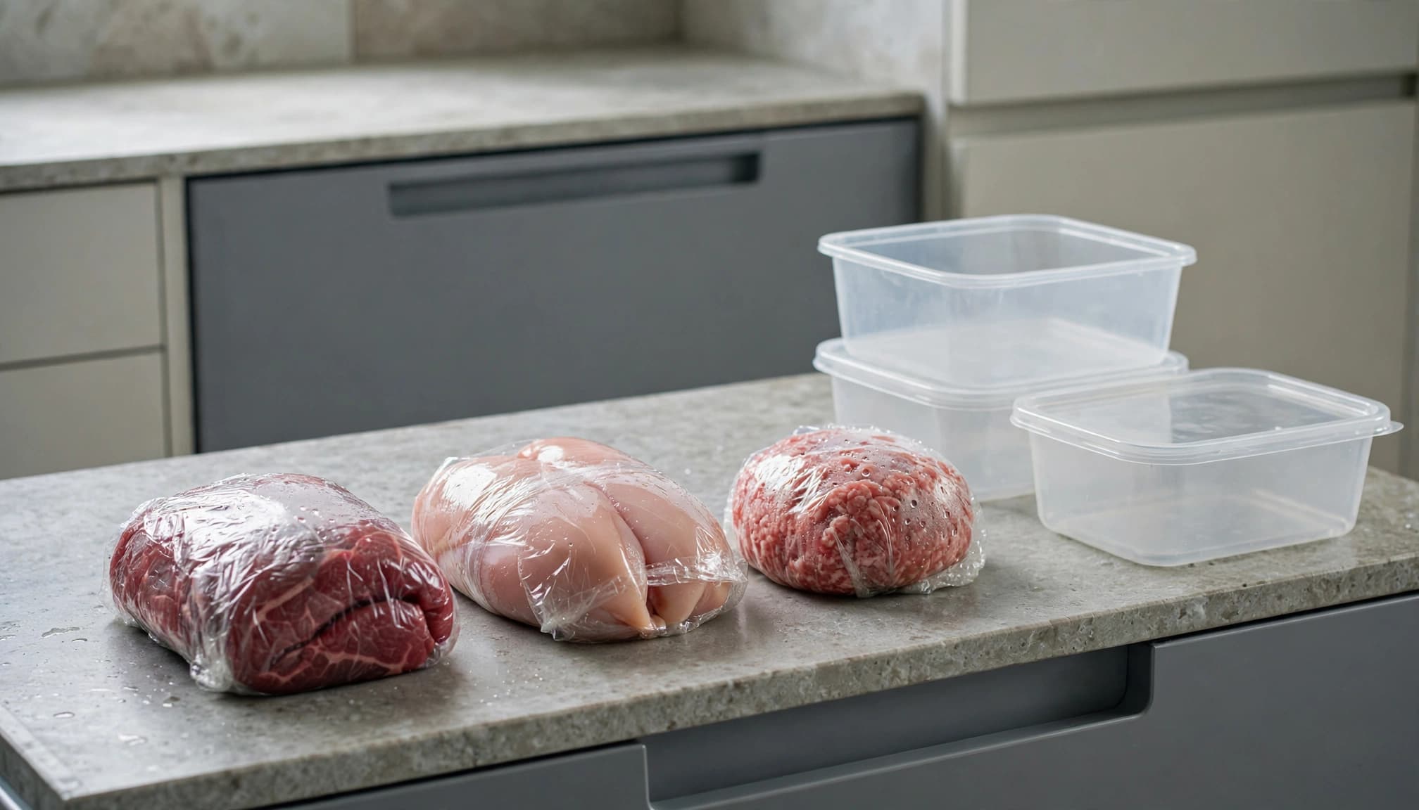 Porzioni di carne cruda confezionate e contenitori di plastica su un ripiano della cucina.