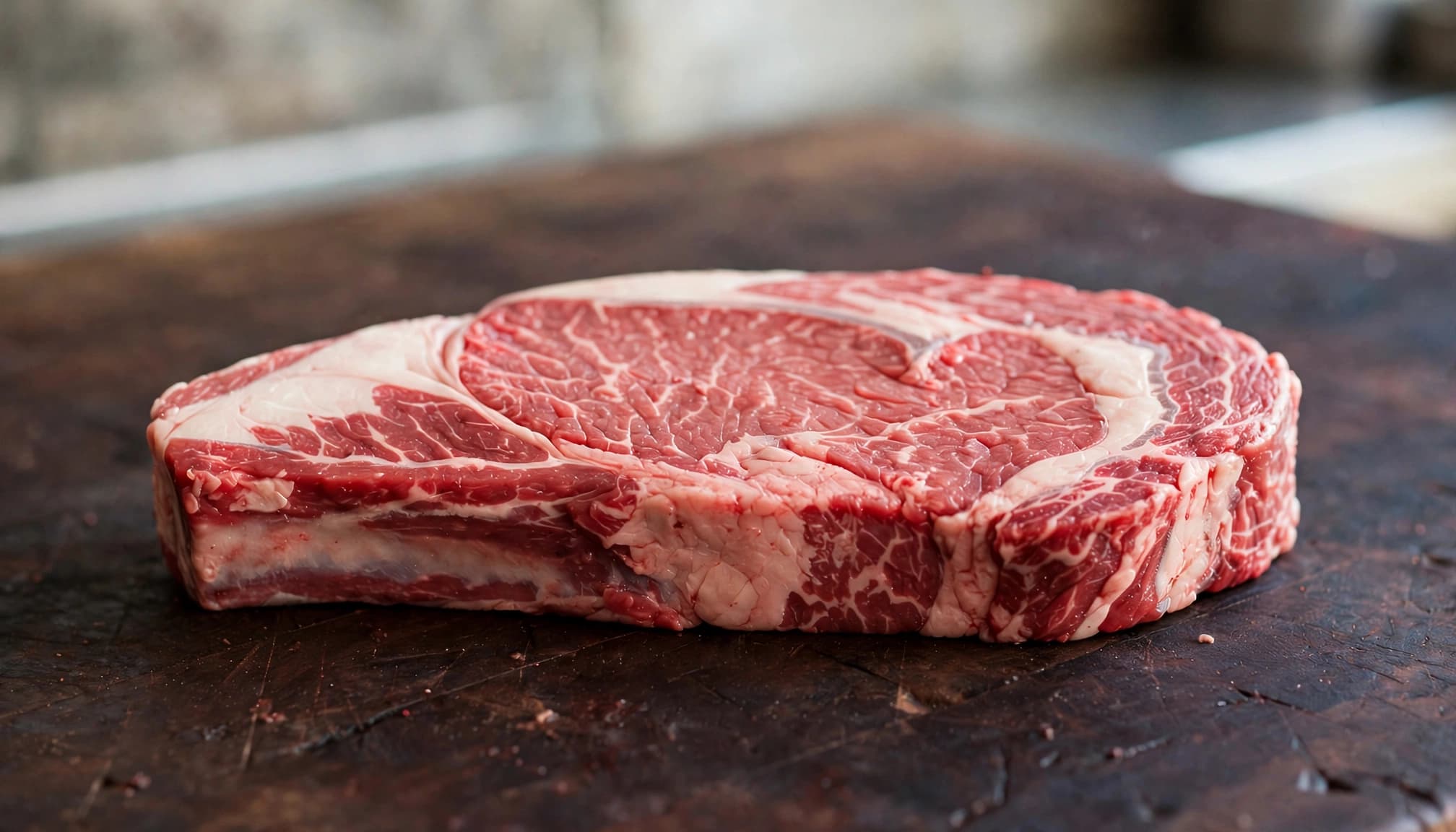 Bistecca cruda con venature di grasso intramuscolare e bordo di grasso esterno.