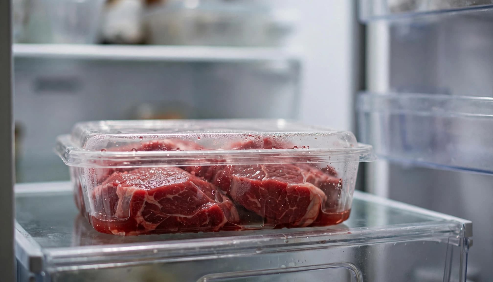 Contenitore di plastica con bistecche crude di carne rossa su un ripiano del frigorifero.