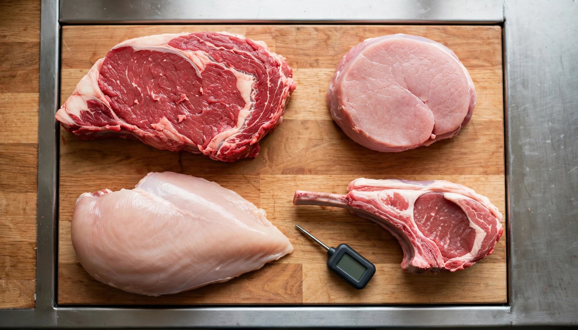 Quattro diversi tagli di carne cruda e un termometro digitale su un tagliere.