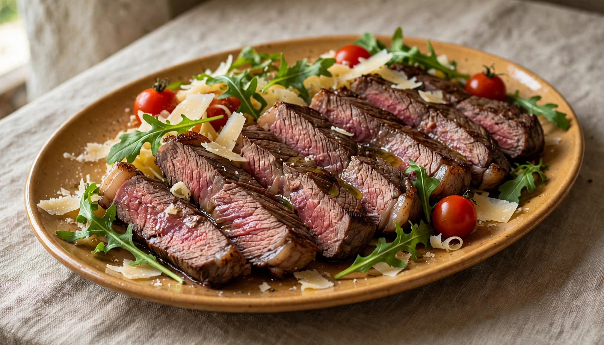 Tagliata di manzo affettata con rucola, scaglie di formaggio e pomodorini su un piatto.